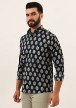 Navy Blue Printed Pure Cotton Regular Fit Casual Shirt