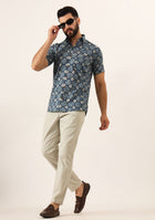 Blue Geometric Pure Cotton Regular Fit Casual Shirt