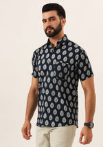 Navy Blue Floral Print Pure Cotton Regular Fit Casual Shirt