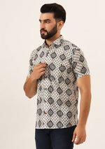 White Geometric Pure Cotton Regular Fit Casual Shirt