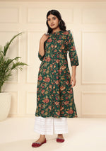 Emerald Bloom Floral Print A-Line Kurta