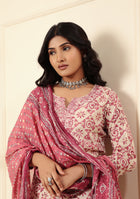 ARAVALII White AND RED FLORAL PRINT KURTA PANT SET WITH DUPATTA