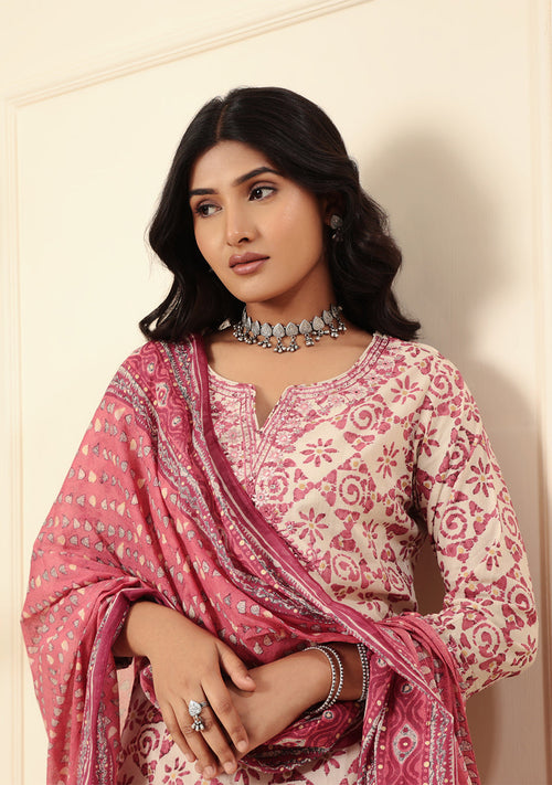 ARAVALII White AND RED FLORAL PRINT KURTA PANT SET WITH DUPATTA