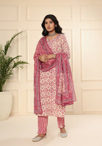 ARAVALII White AND RED FLORAL PRINT KURTA PANT SET WITH DUPATTA