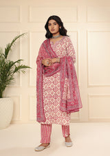 ARAVALII White AND RED FLORAL PRINT KURTA PANT SET WITH DUPATTA
