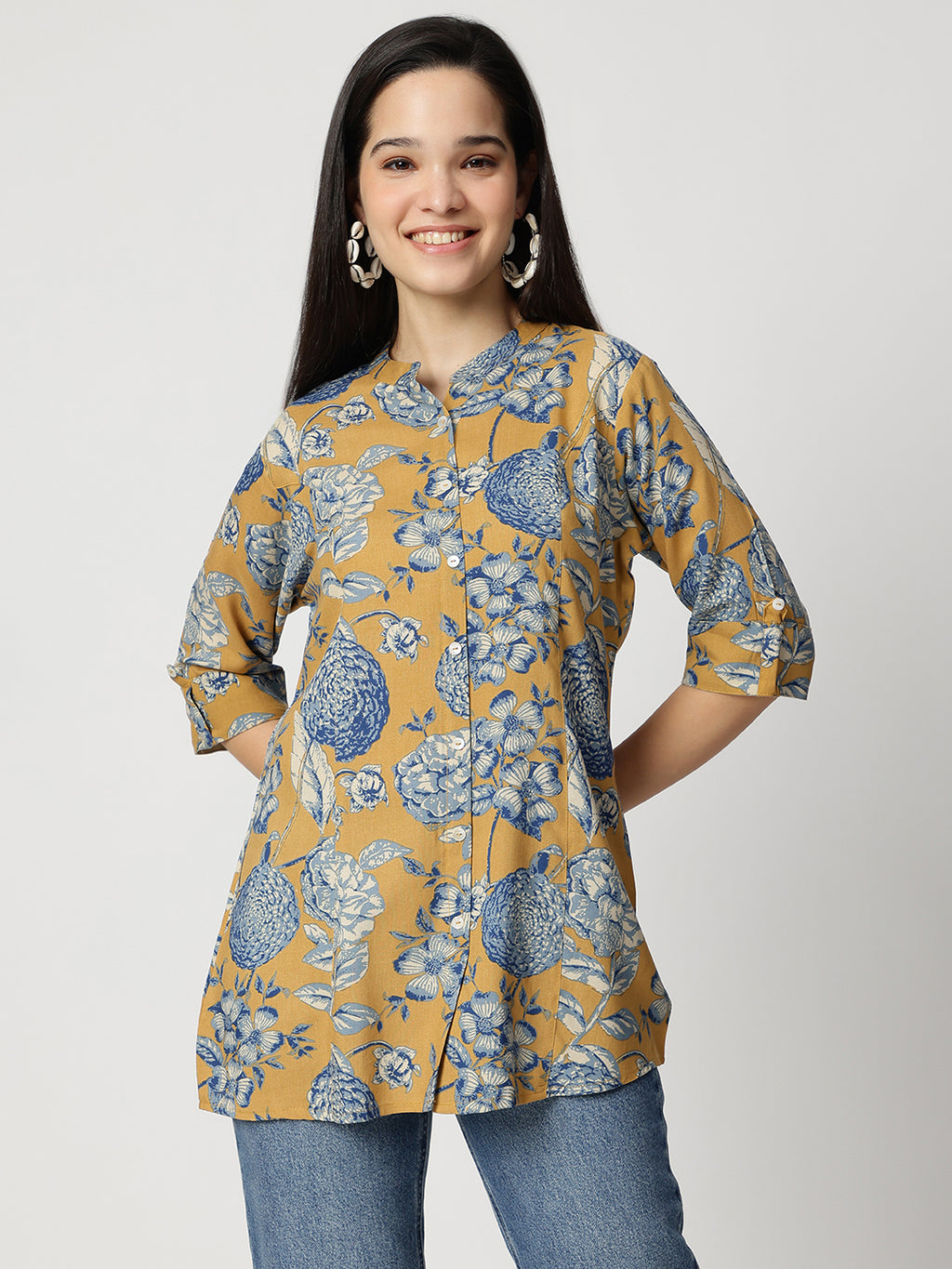 Ammanya Mustard bloom Rollup Sleeves A-Line Top