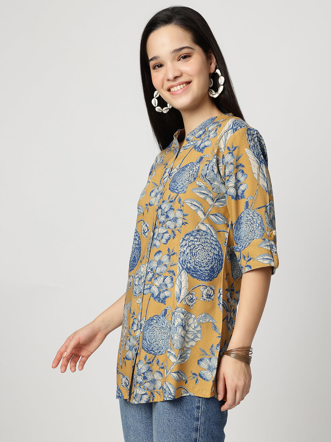 Ammanya Mustard bloom Rollup Sleeves A-Line Top