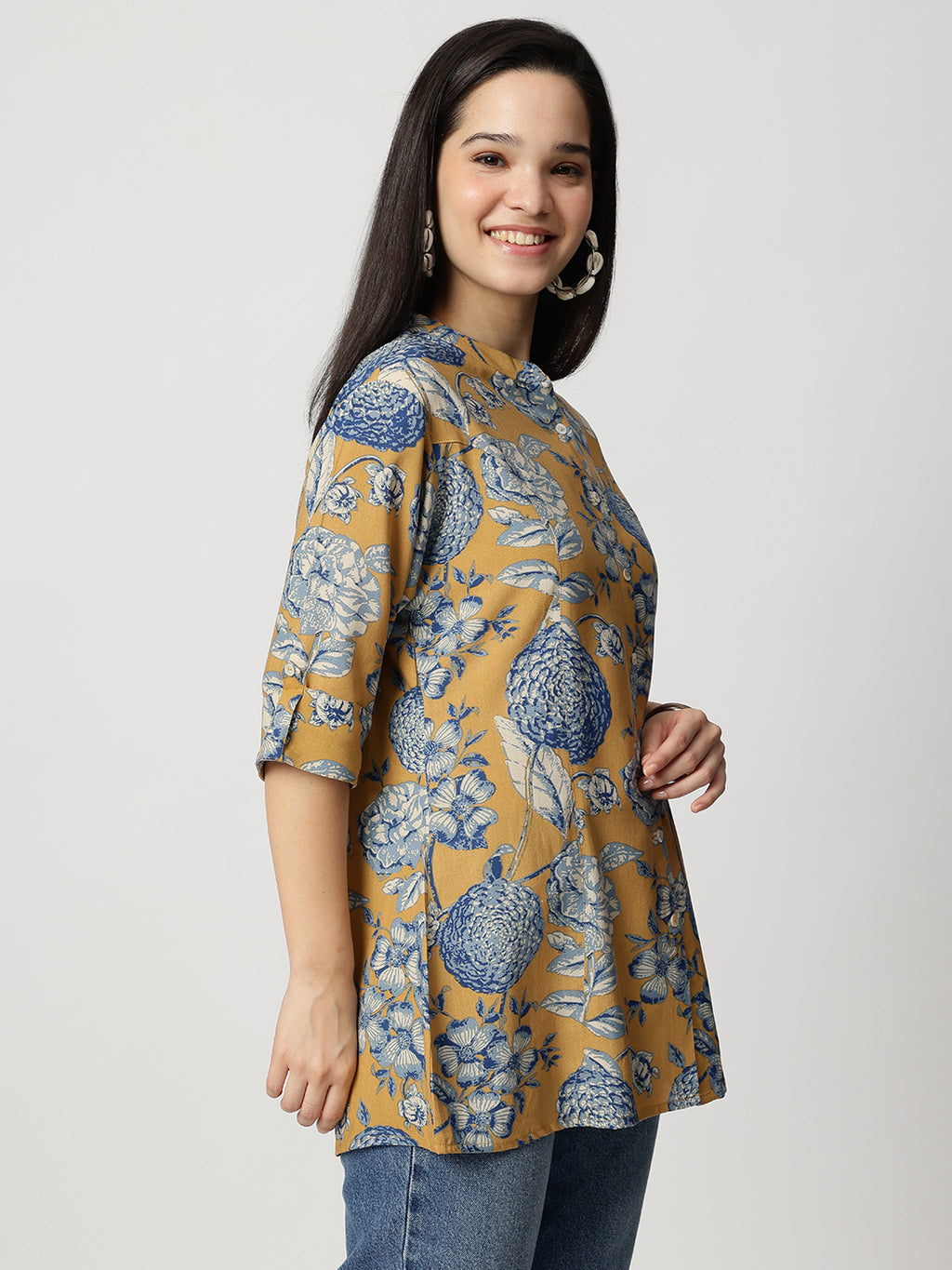 Ammanya Mustard bloom Rollup Sleeves A-Line Top