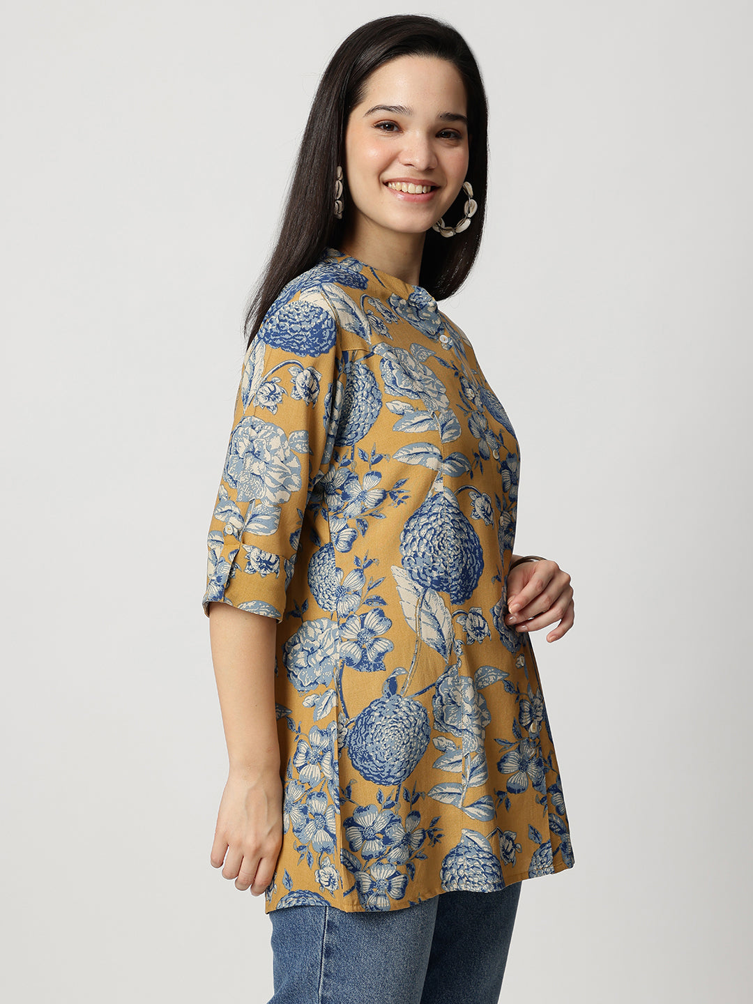 Ammanya Mustard bloom Rollup Sleeves A-Line Top