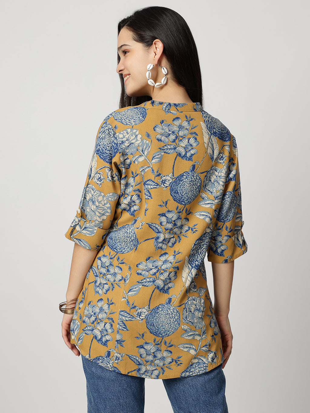Ammanya Mustard bloom Rollup Sleeves A-Line Top