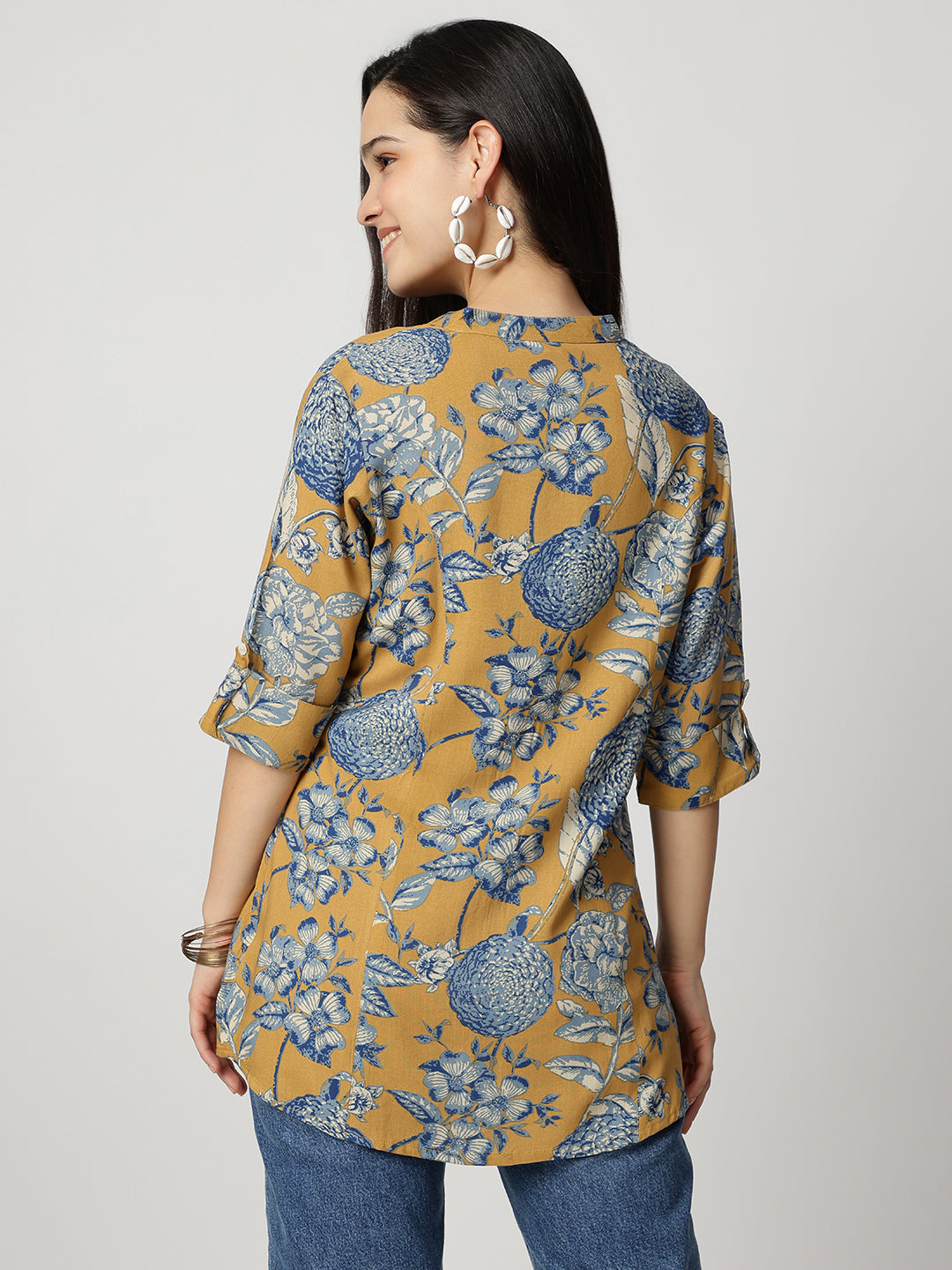 Ammanya Mustard bloom Rollup Sleeves A-Line Top