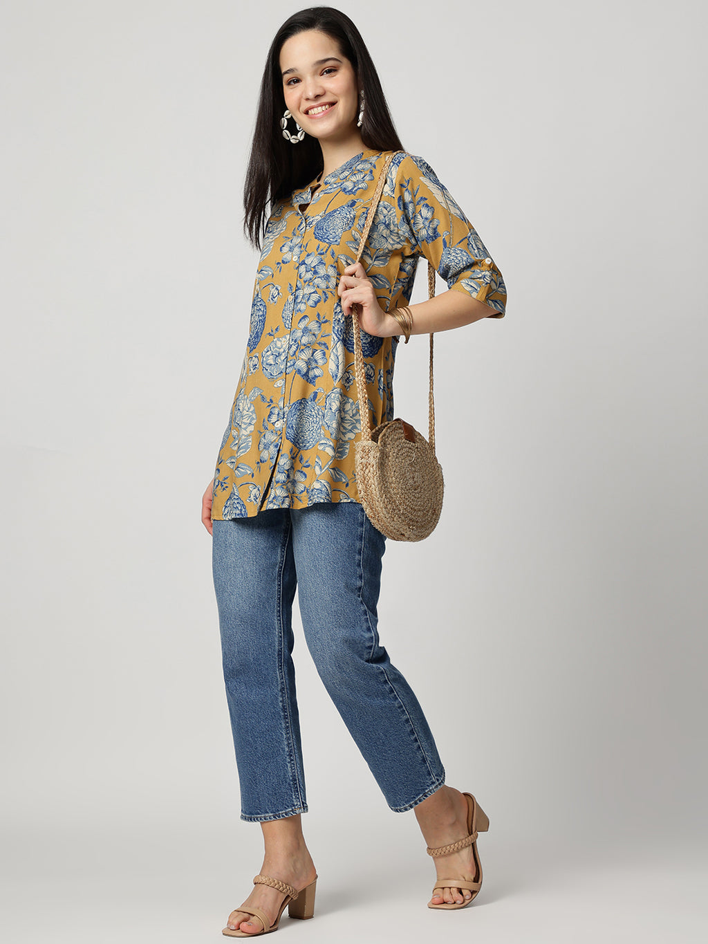 Ammanya Mustard bloom Rollup Sleeves A-Line Top