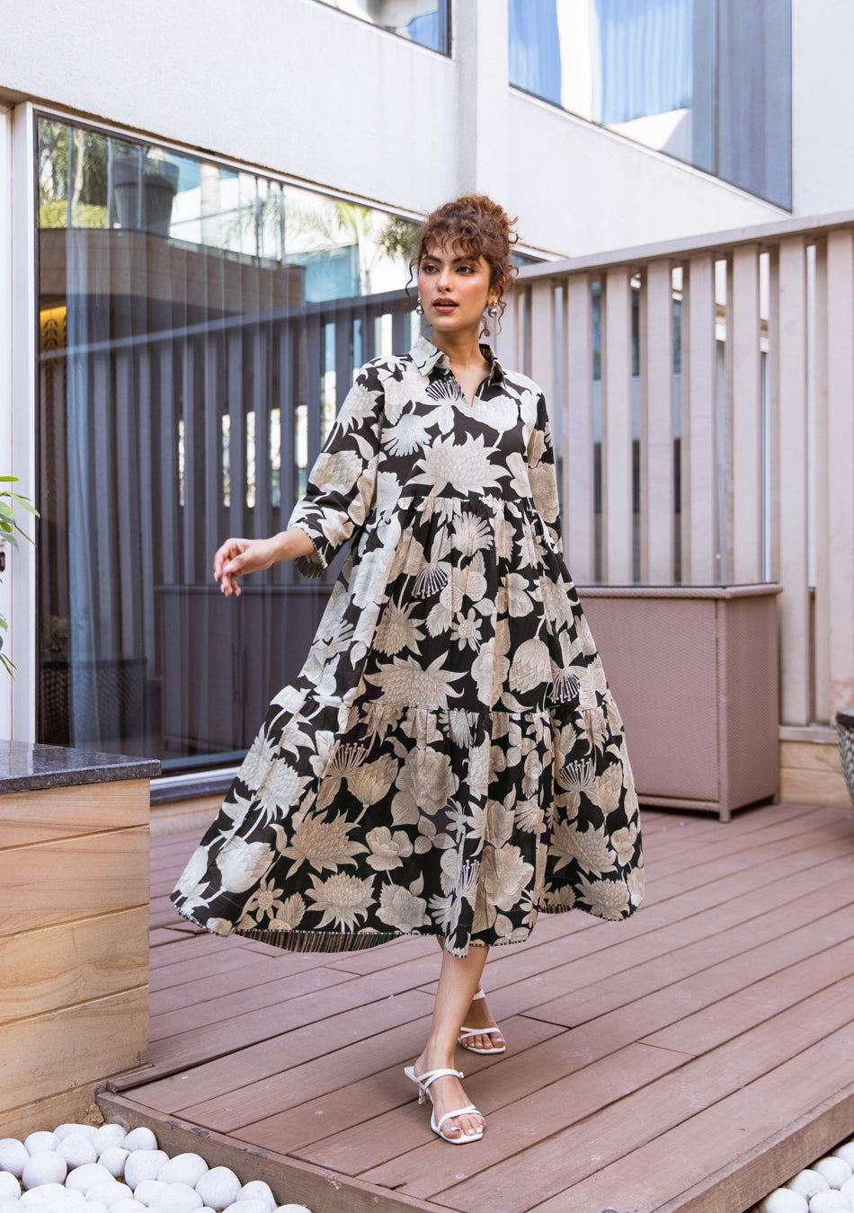 Black Botanical Tier Dress