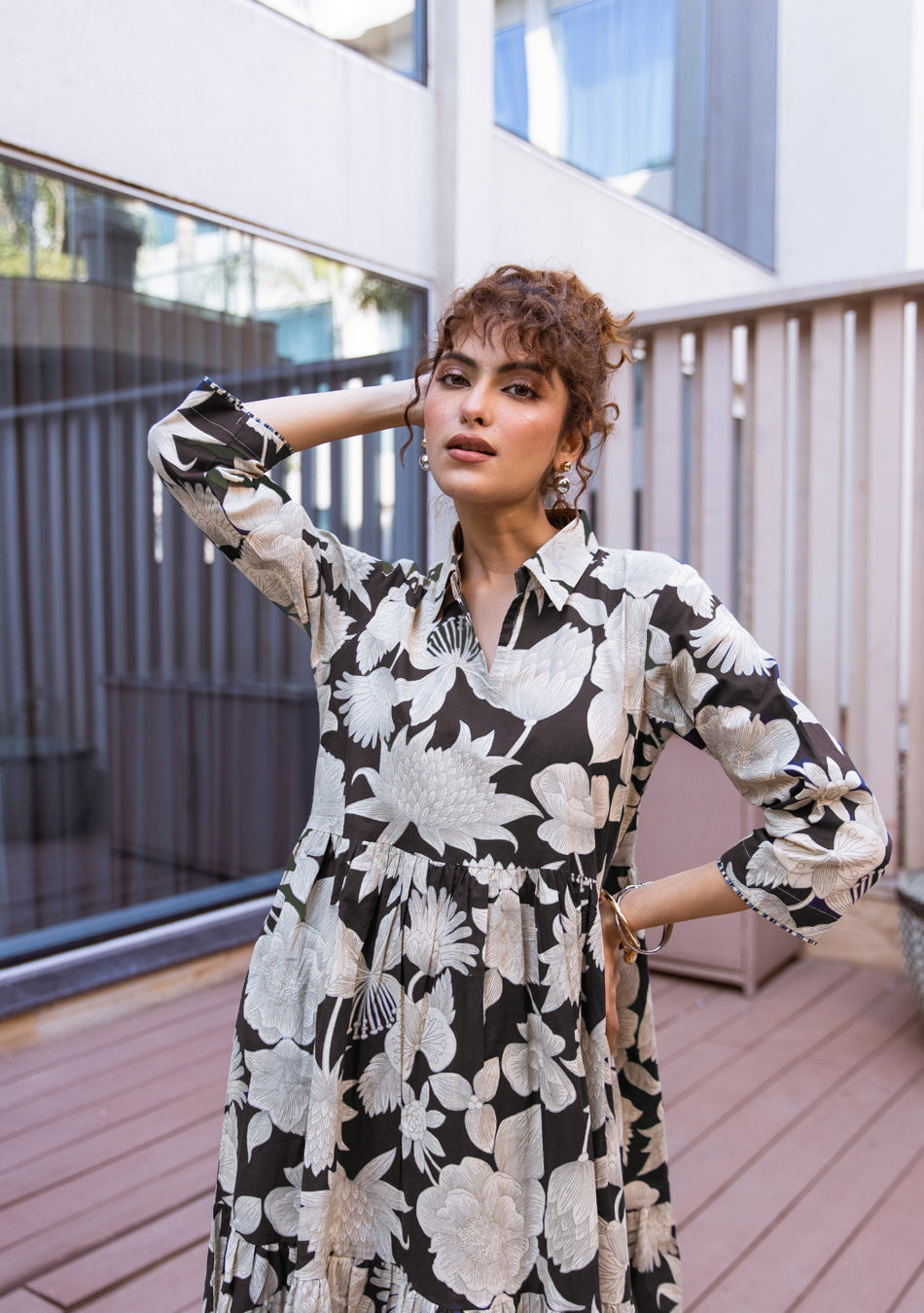 Black Botanical Tier Dress