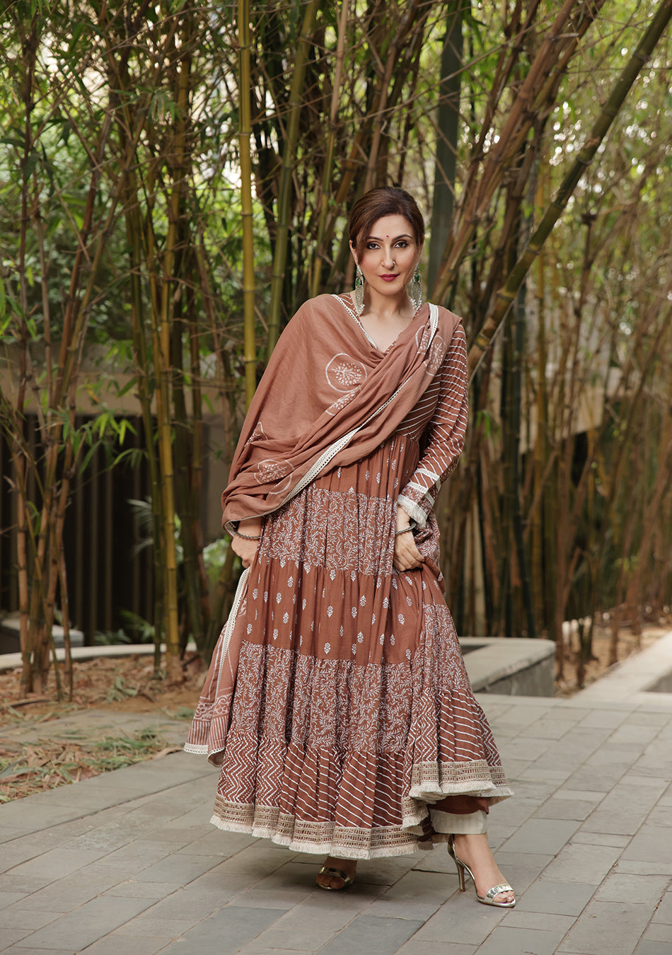 Brown Anarkali with Khadi Print and Dupatta