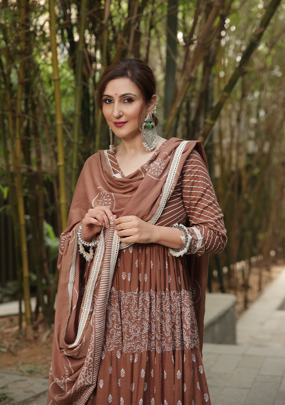 Brown Anarkali with Khadi Print and Dupatta