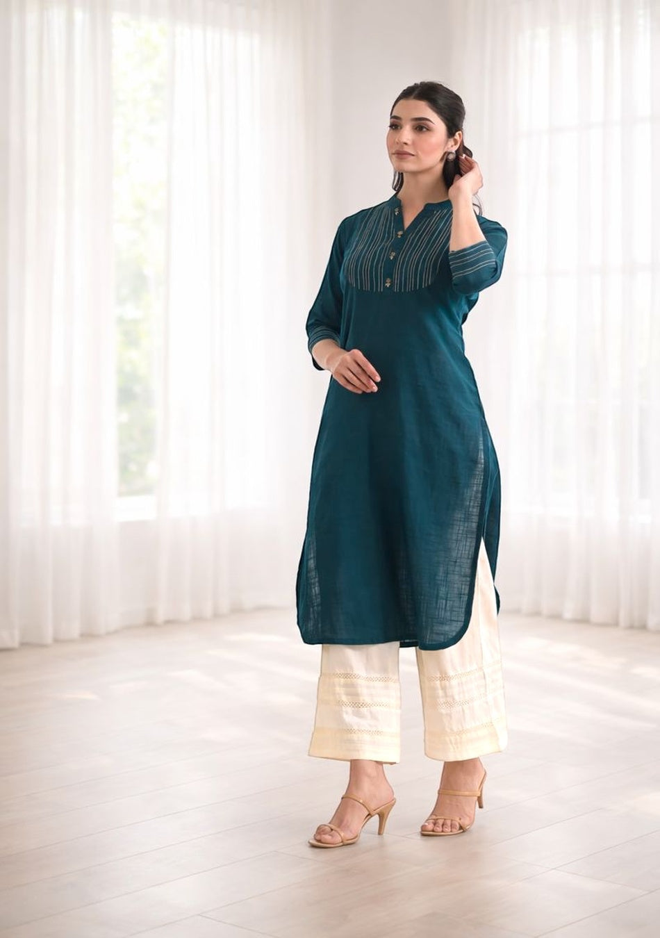 Teal Blue Solid Straight Kurta