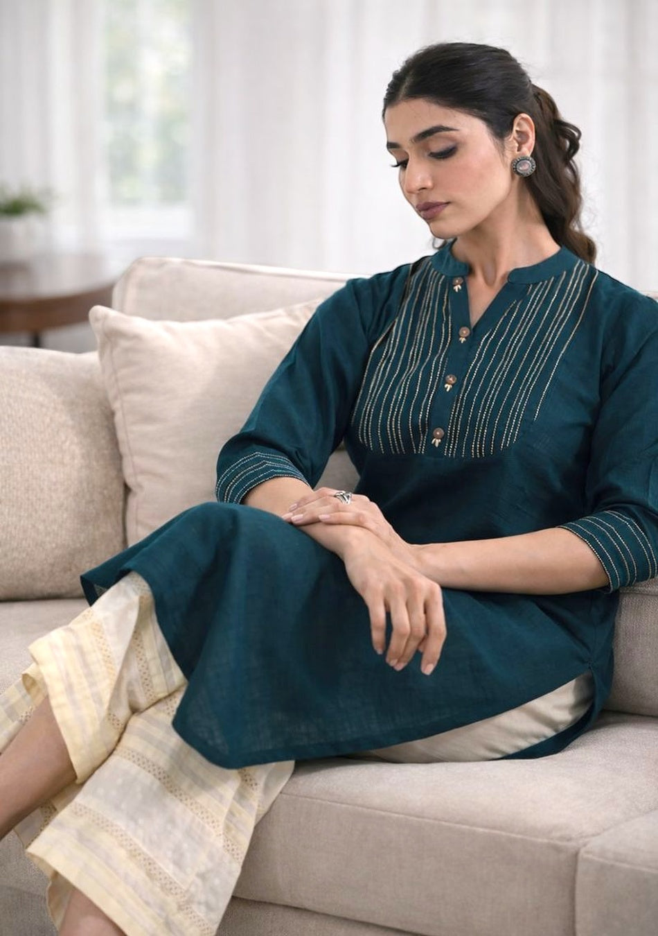 Teal Blue Solid Straight Kurta
