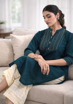 Teal Blue Solid Straight Kurta