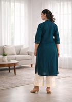 Teal Blue Solid Straight Kurta
