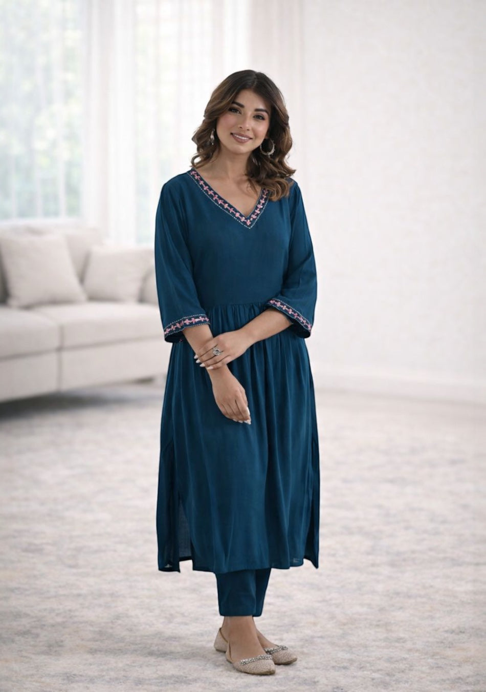 Ammanya Peacock Blue Gathered Long Kurta Pant Set