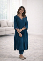 Ammanya Peacock Blue Gathered Long Kurta Pant Set