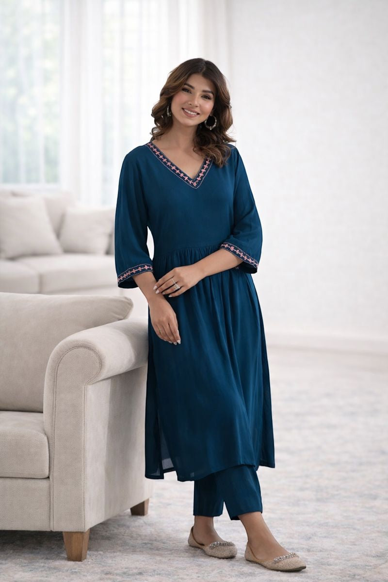 Ammanya Peacock Blue Gathered Long Kurta Pant Set