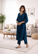 Ammanya Peacock Blue Gathered Long Kurta Pant Set