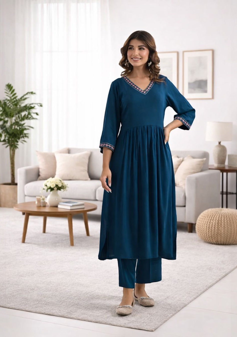 Ammanya Peacock Blue Gathered Long Kurta Pant Set