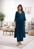 Ammanya Peacock Blue Gathered Long Kurta Pant Set