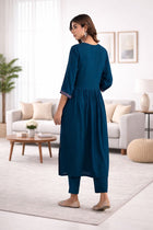 Ammanya Peacock Blue Gathered Long Kurta Pant Set