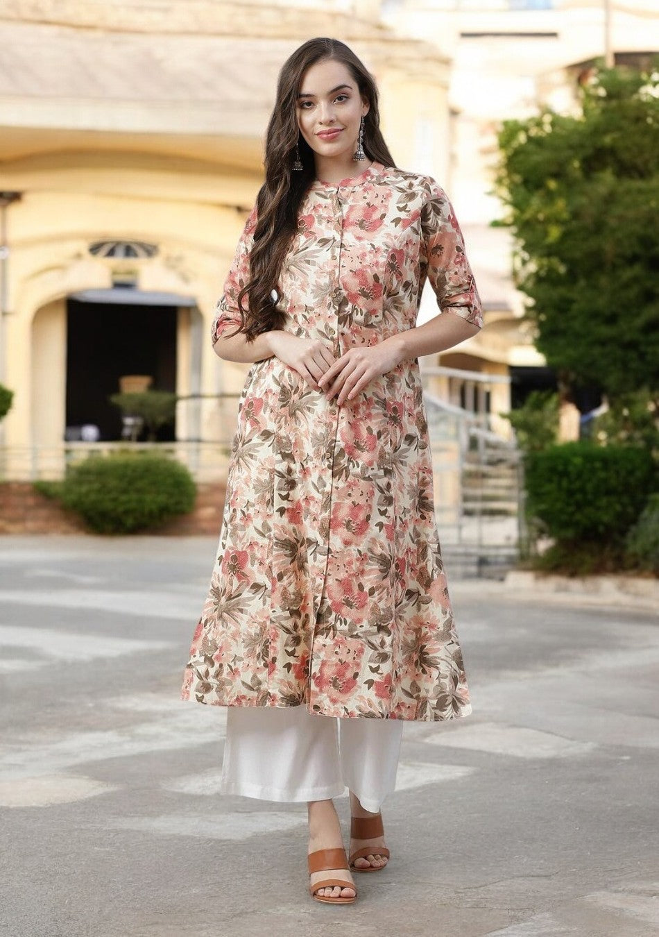 Ammanya Cream Floral Print A-line cotton Kurta