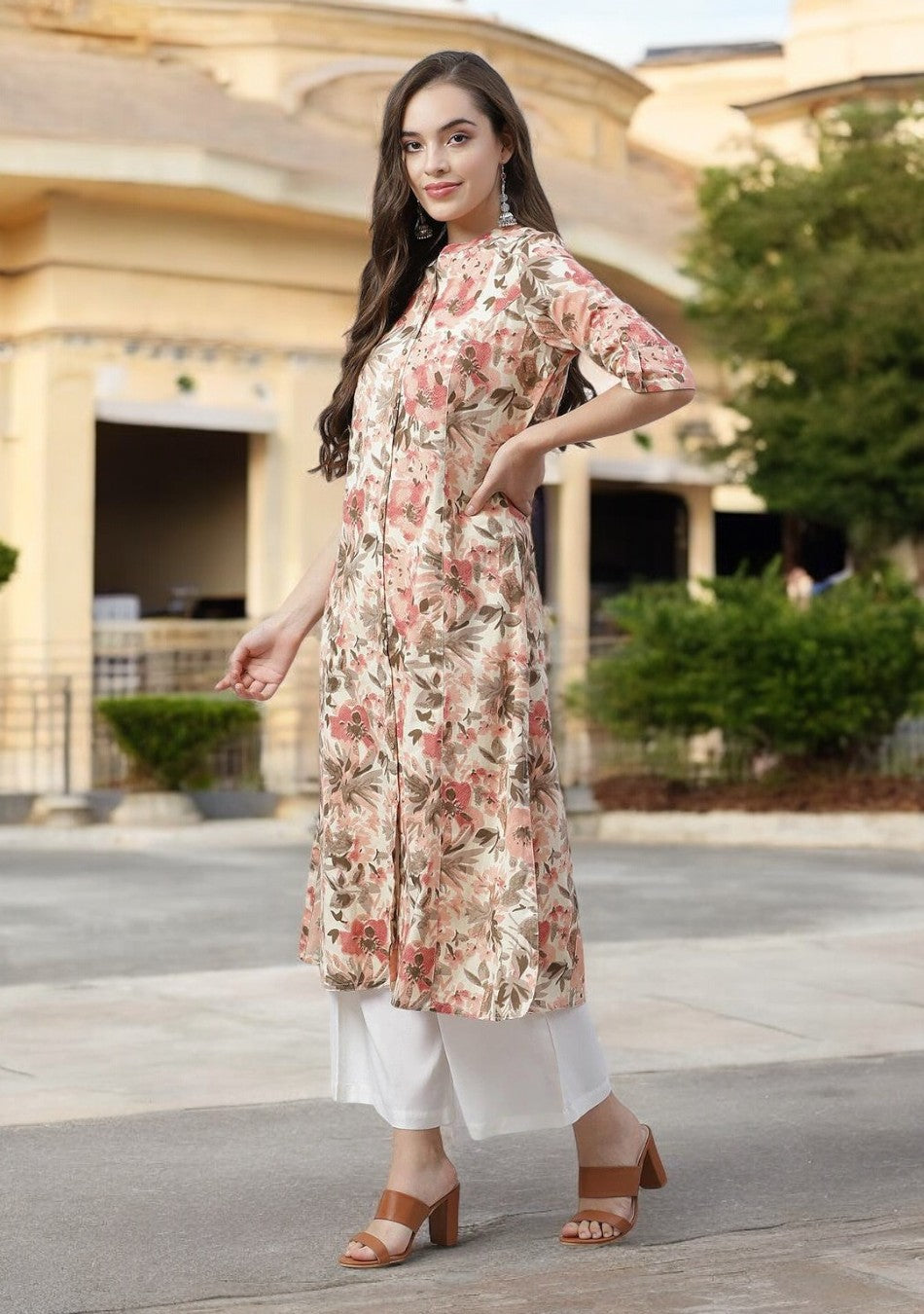 Ammanya Cream Floral Print A-line cotton Kurta