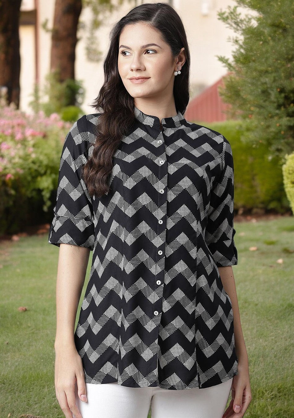 Ammanya Black Rayon Zigzag Print Shirts Style Top