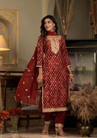 Deep Red Muslin Silk Zari work Kurta Pant With Dupatta