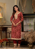 Deep Red Muslin Silk Zari work Kurta Pant With Dupatta