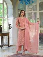 Peach Floral Print Muslin Embroidred Kurta Trouser with Dupatta