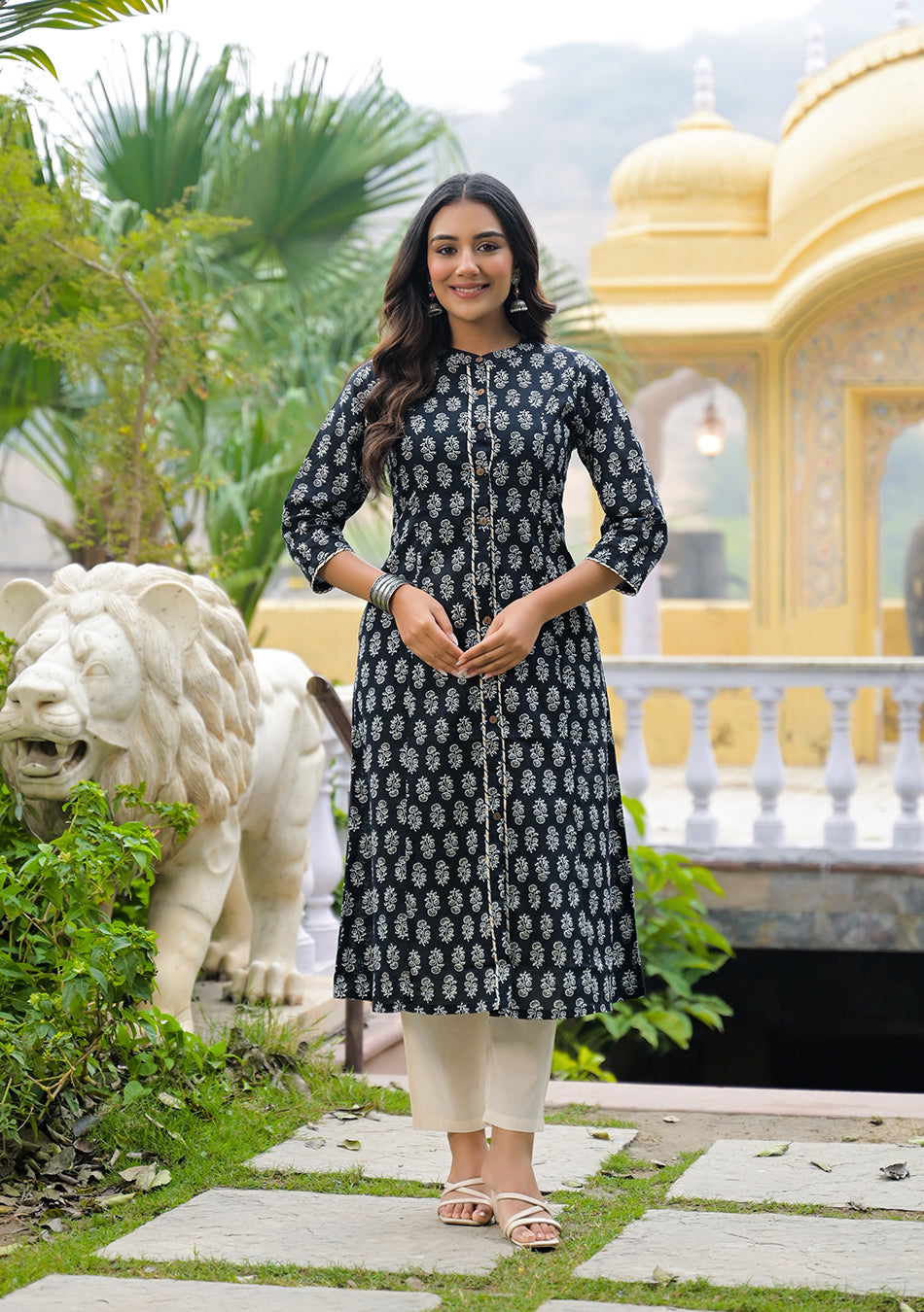 Black Cotton Classic A-Line Kurta