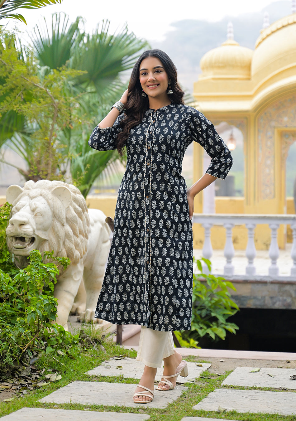 Black Cotton Classic A-Line Kurta
