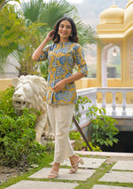 Mustard bloom Rollup Sleeves A-Line Top