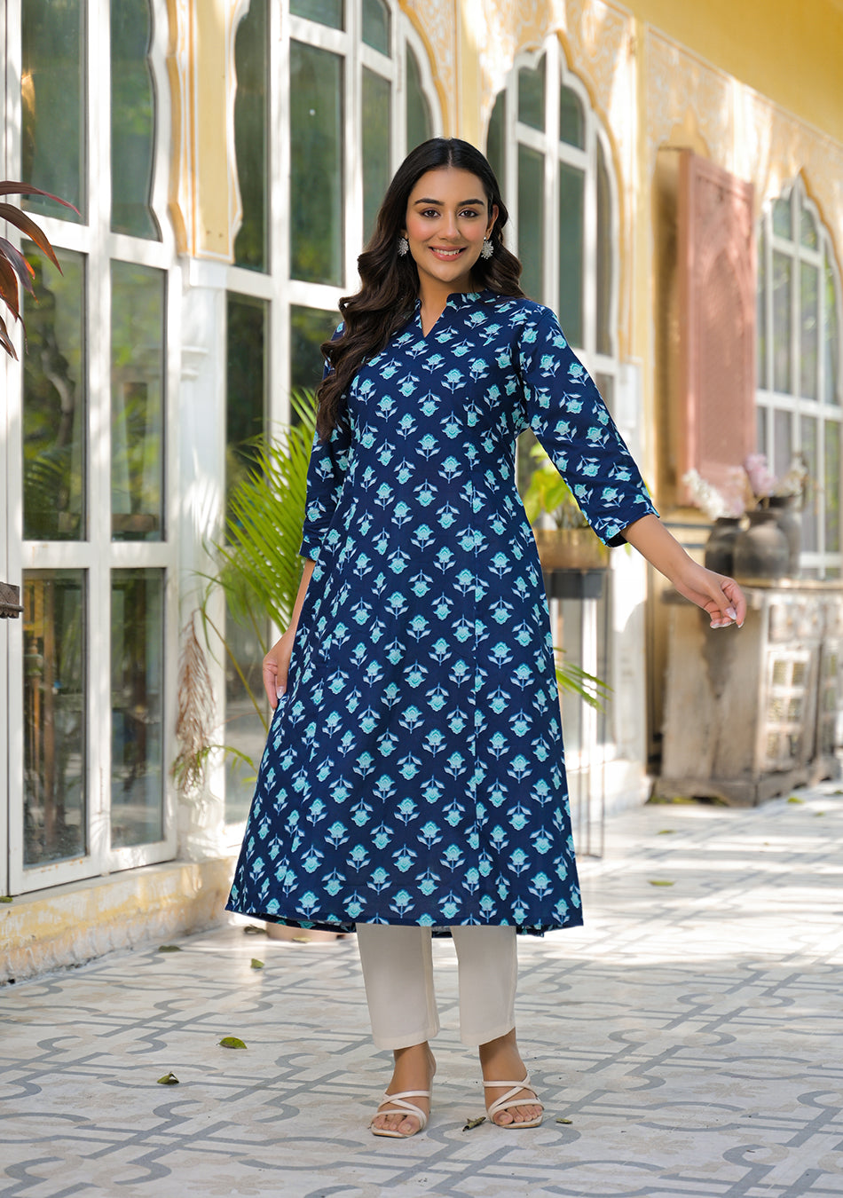 Teal Flower A-Line Kurta