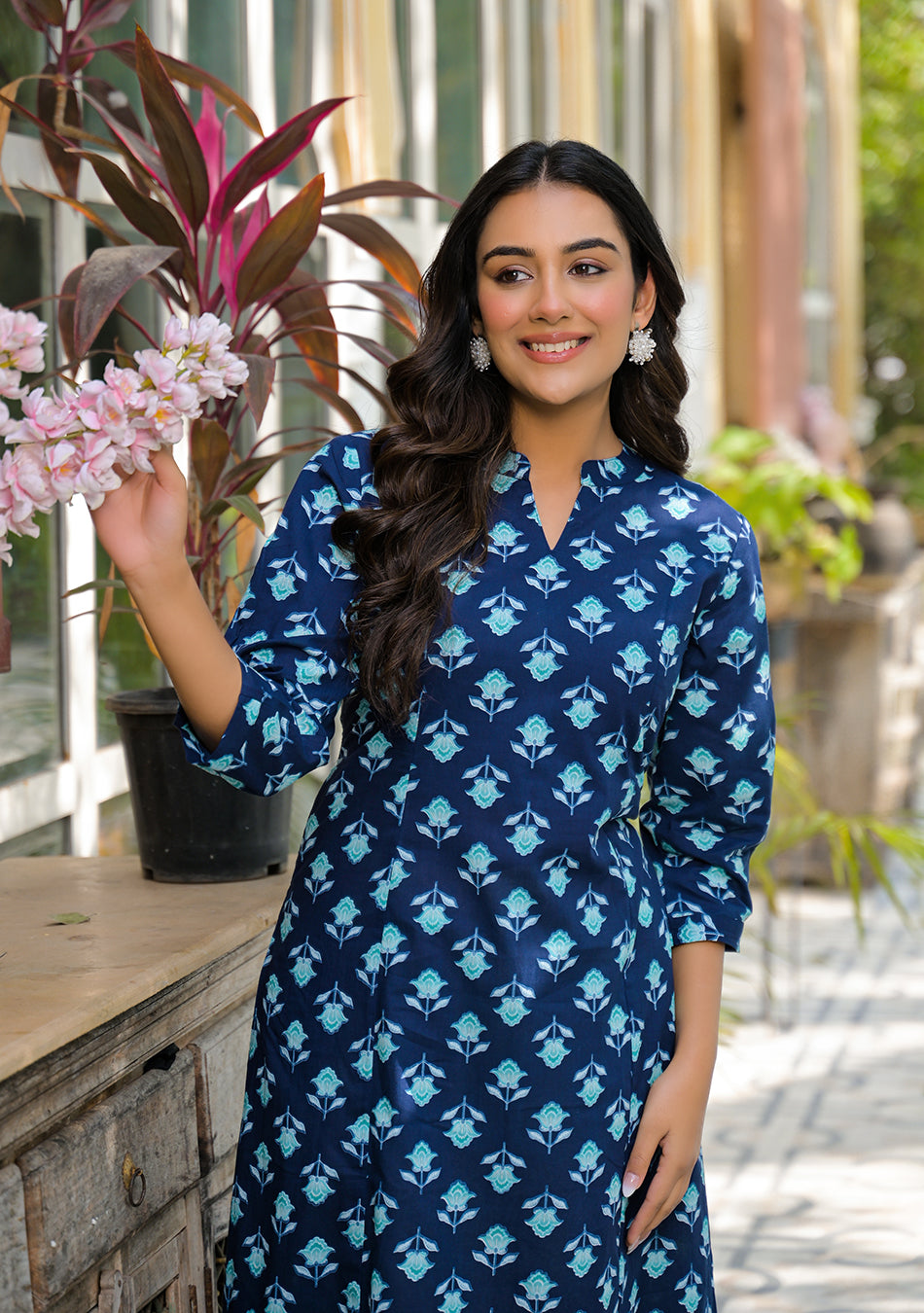 Teal Flower A-Line Kurta