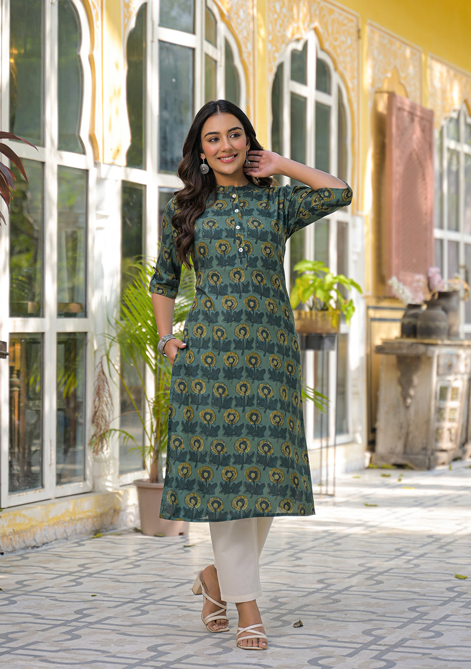 Ammanya Teal Mustard Floral Buta Kurta