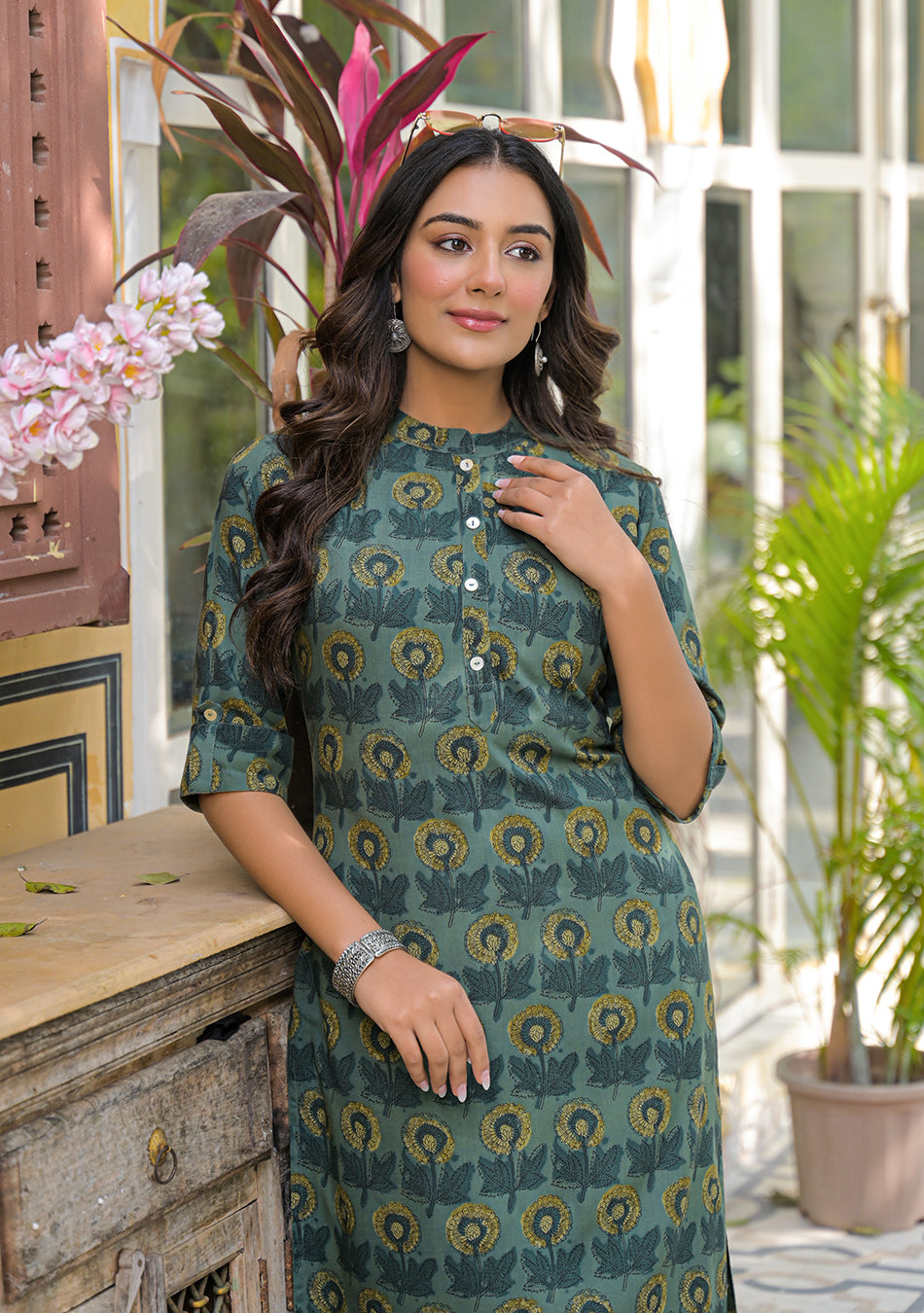 Ammanya Teal Mustard Floral Buta Kurta