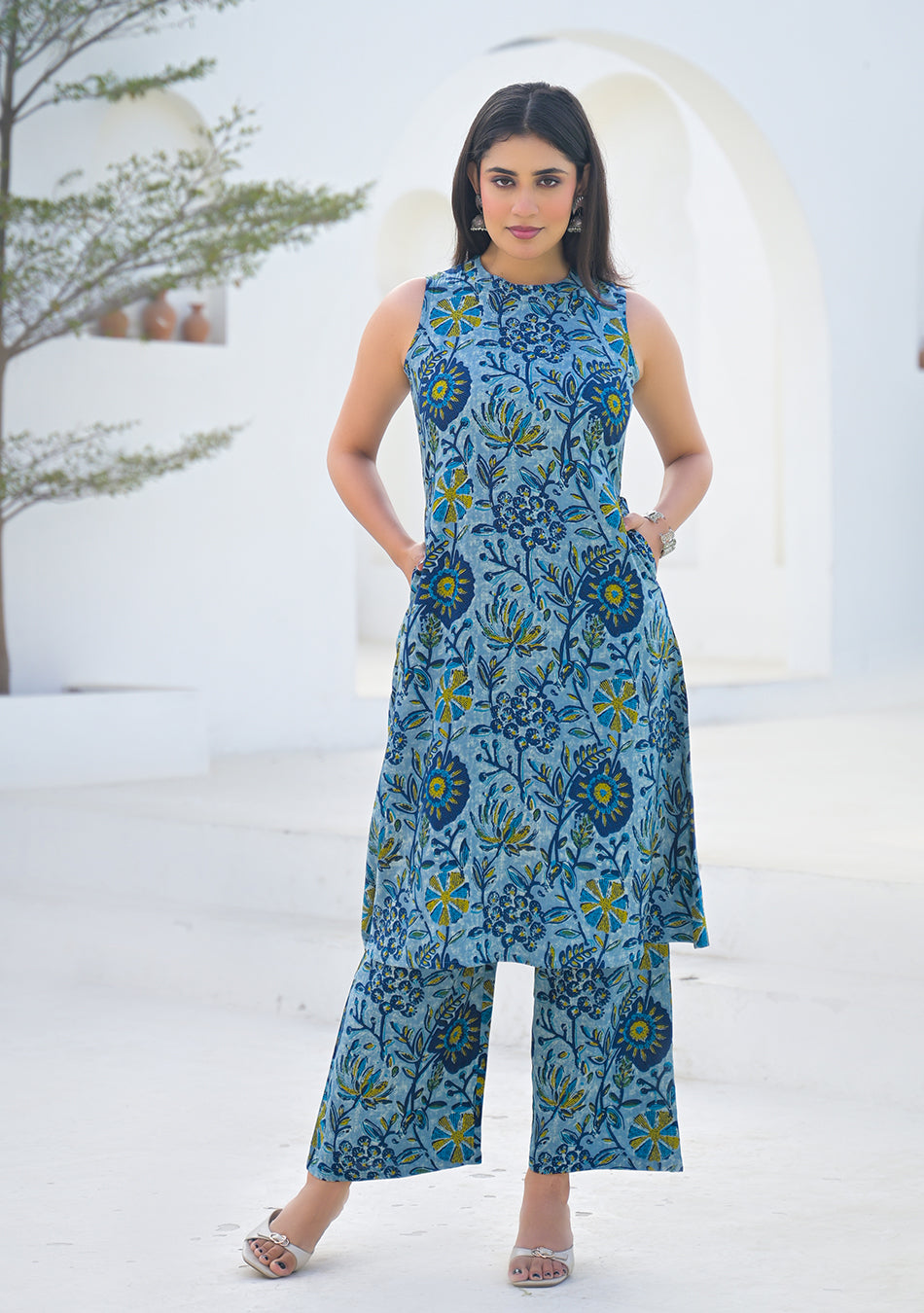 Ammanya Powder Blue Floral Vine Summer Co-ord Set