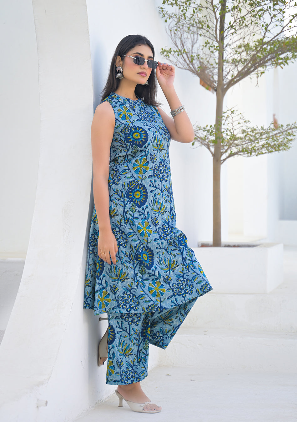 Ammanya Powder Blue Floral Vine Summer Co-ord Set
