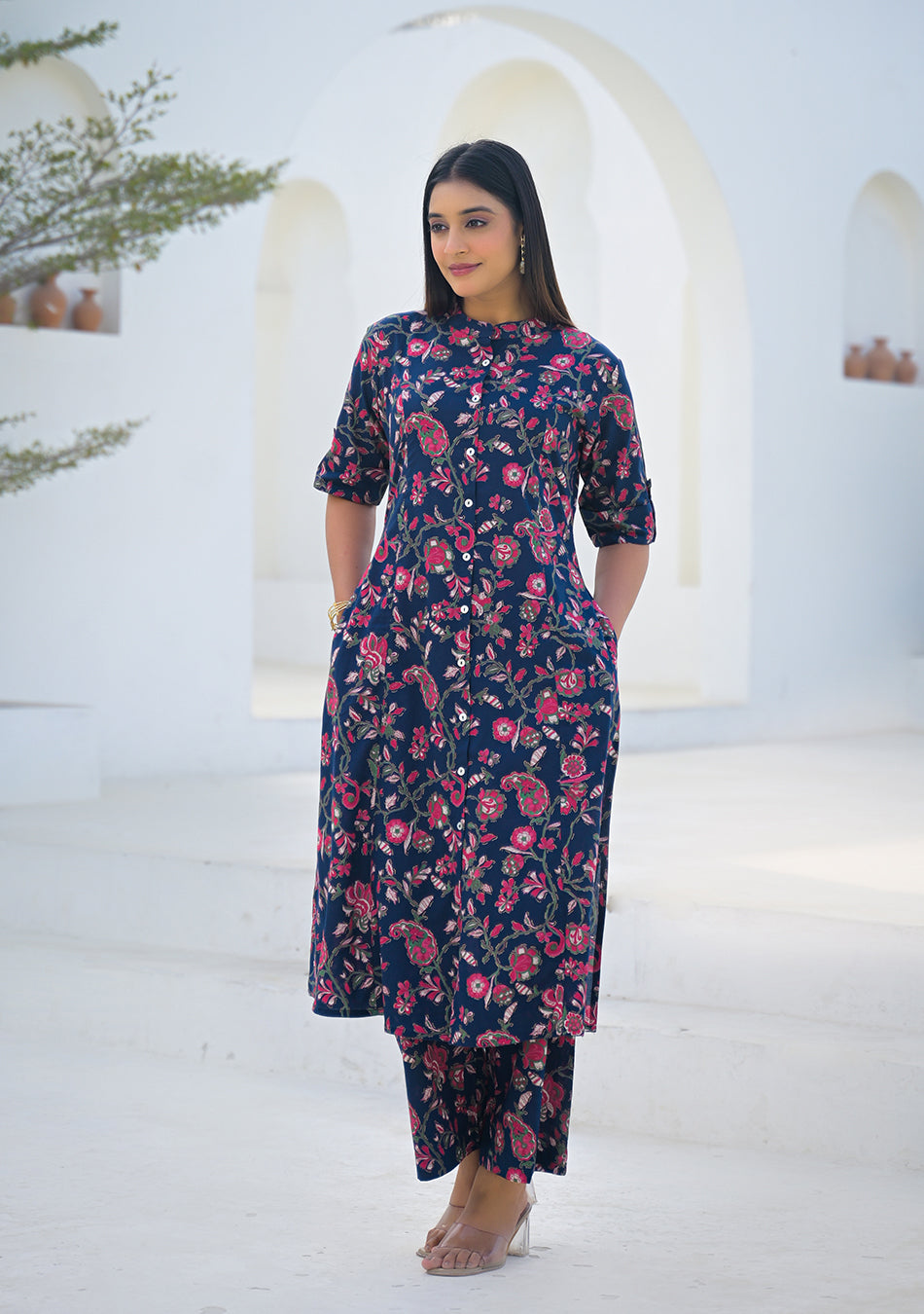 Ammanya Midnight Blue Red Jaal Cotton Co-ord Set