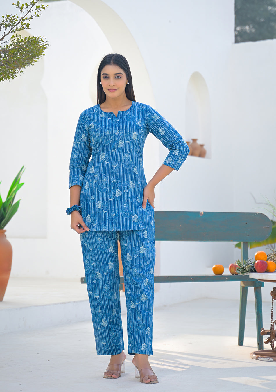 Ammanya Blue Meadow Stripe Night Suit