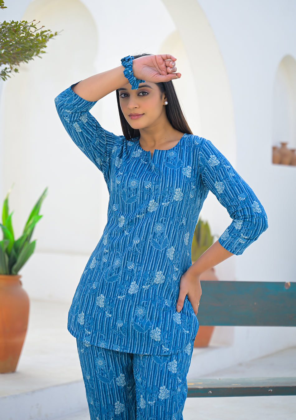 Ammanya Blue Meadow Stripe Night Suit