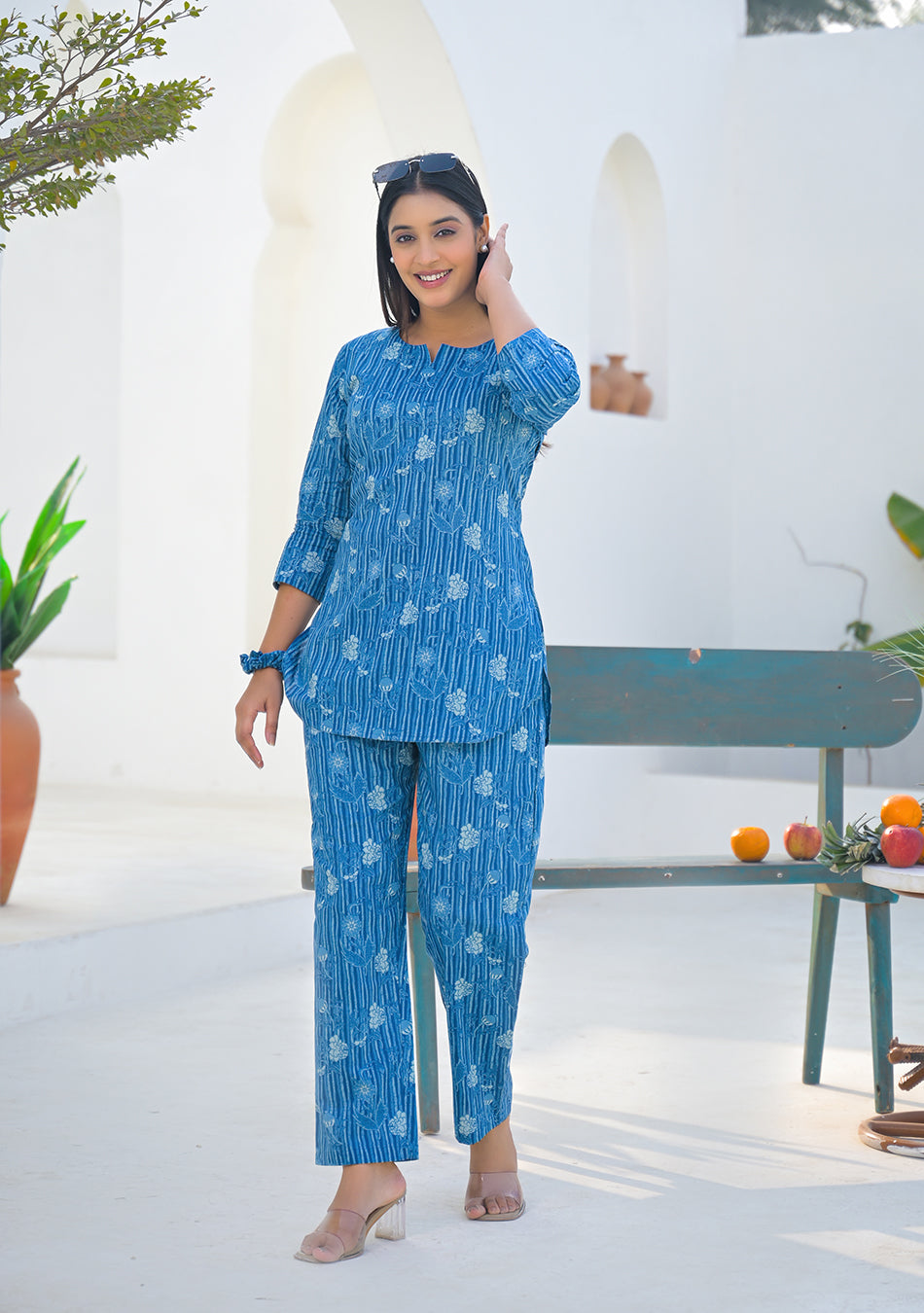 Ammanya Blue Meadow Stripe Night Suit